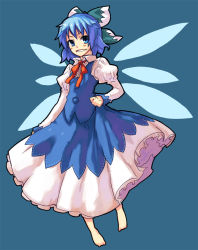 Rule 34 | adapted costume, barefoot, blue eyes, blue hair, cirno, dress, grin, hair ribbon, ribbon, rumie, short hair, smile, solo, touhou, touhou hisoutensoku, wings