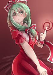 Rule 34 | 1girl, :&lt;, blush, bow, closed mouth, cowboy shot, cross-laced clothes, dress, eyebrows, front ponytail, green eyes, green hair, hair between eyes, hair bow, hand on own knee, hat, index finger raised, kagiyama hina, magic, matching hair/eyes, opanchu (pixiv259683), puffy short sleeves, puffy sleeves, red bow, red dress, red hat, short sleeves, sitting, solo, spinning, tareme, touhou, wrist cuffs
