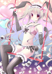 Rule 34 | 1girl, animal ears, bad id, bad pixiv id, bow, bow bra, bow panties, bra, card, elbow gloves, gloves, holding, long hair, looking at viewer, niki (aroma terrace), original, panties, pink bra, pink panties, playing card, rabbit ears, red eyes, shibainu niki, silver hair, solo, striped clothes, striped thighhighs, thighhighs, twintails, underwear, underwear only