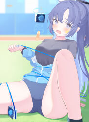 Rule 34 | 1girl, arm support, bandaid, black shirt, blue archive, blue buruma, blue hair, blue jacket, blurry, blurry background, blush, bound, breasts, buruma, commentary request, day, depth of field, facial mark, halo, highres, jacket, knee up, long hair, medium breasts, multicolored hair, off shoulder, on grass, open clothes, open jacket, open mouth, outdoors, parted bangs, ponytail, purple eyes, purple hair, robot, roido (taniko-t-1218), shirt, short sleeves, sitting, solo, star (symbol), tied up (nonsexual), track jacket, two-tone hair, very long hair, wavy mouth, yuuka (blue archive), yuuka (track) (blue archive)