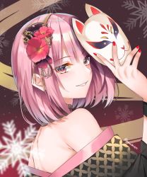 Rule 34 | bare back, bare shoulders, flower, fox mask, hair flower, hair ornament, highres, holding, hololive, hololive english, japanese clothes, kimono, lemon t, looking at viewer, mask, mori calliope, mori calliope (new year), nail polish, pink hair, red background, red eyes, red nails, short hair, smile, snowflakes, solo, virtual youtuber