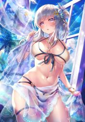 Rule 34 | 1girl, bare shoulders, bikini, blush, bracelet, breasts, day, front-tie bikini top, front-tie top, grey hair, hair ornament, highres, holding, jewelry, large breasts, looking at viewer, medium hair, multi-strapped bikini, natsutomoki, navel, necklace, open mouth, original, purple eyes, sarong, see-through, see-through sarong, solo, star (symbol), star hair ornament, swimsuit, thigh strap, translucent, white bikini