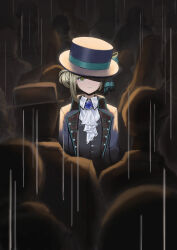 Rule 34 | 1girl, absurdres, ascot, backlighting, black coat, black hat, black vest, blue bow, boater hat, bow, closed mouth, coat, collared shirt, crowd, dark background, freckles, grey eyes, grey hair, hair bun, hanmiyeon, hat, hat bow, hat over one eye, highres, looking at viewer, one eye covered, people, purple brooch, rain, reverse:1999, shirt, short hair, single side bun, solo focus, tilted headwear, upper body, vertin (reverse:1999), vest, waistcoat, white ascot, white shirt