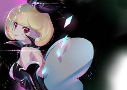 Rule 34 | 1girl, black bow, black choker, black dress, black sleeves, blonde hair, bow, choker, closed mouth, detached sleeves, dress, earrings, eyelashes, facial mark, hair bow, happinesscharge precure!, highres, jewelry, lens flare, looking at viewer, medium hair, pendant, precure, purple lips, queen mirage, red eyes, shipu (gassyumaron), shoulder blades, sleeveless, sleeveless dress, smile, solo, sparkle, strapless, strapless dress, upper body
