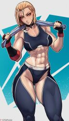 Rule 34 | 1girl, abs, absurdres, blonde hair, blue eyes, cammy white, curvy, highres, muscular, muscular female, scar, scar on face, shiny skin, solo, stopu, street fighter, street fighter 6, sweat, tank top, thick thighs, thighs, toned, towel, towel around neck, wide hips