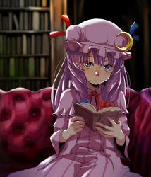 Rule 34 | 1girl, ammonio, blue ribbon, blush, book, bookshelf, bow, bowtie, crescent, crescent hair ornament, crescent moon, dress, hair bow, hair ornament, hat, highres, holding, holding book, long hair, long sleeves, looking at viewer, mob cap, moni-o-inom, moon, patchouli knowledge, purple dress, purple eyes, purple hair, red ribbon, red upholstery, ribbon, shelf, sitting, solo, striped clothes, striped dress, touhou