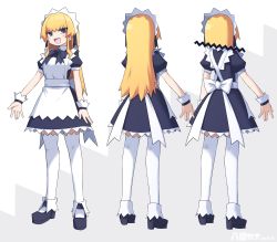 Rule 34 | 1girl, black bow, black footwear, blonde hair, blush, bow, character request, copyright request, highres, long hair, looking at viewer, maid, maid headdress, multiple views, open mouth, over-kneehighs, sharp teeth, short hair, smile, teeth, thighhighs, upper teeth only, white thighhighs, wrist cuffs, yachima tana