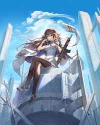 Rule 34 | 1girl, absurdres, ankle bow, ankle ribbon, assault rifle, blue eyes, blue sky, bow, breasts, brown hair, brown pantyhose, building, chain-link fence, city, closed mouth, cloud, coat, coat on shoulders, collared dress, commentary, counter:side, crossed legs, day, dot nose, dress, eyebrows hidden by hair, fence, floating clothes, floating hair, from below, full body, gun, hair between eyes, hair ribbon, hand in own hair, hand up, high heels, highres, holding, holding gun, holding weapon, leg ribbon, light blush, long hair, looking at viewer, medium breasts, neck ribbon, outdoors, pantyhose, pocket, ribbon, rifle, shin jia, sitting, sky, skyscraper, sleeveless, sleeveless dress, smile, soho (user dphk5745), solo, strappy heels, sunlight, weapon, white coat, white dress, white footwear, white ribbon, wrist cuffs