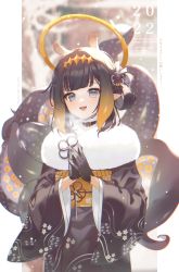 Rule 34 | 1girl, 2022, 2nii, :d, animal ears, artist name, black gloves, black hair, black kimono, blue eyes, blunt bangs, blurry, blurry background, breath, choker, cold, cowboy shot, english text, floral print, fur shawl, fur trim, gloves, gradient hair, hair ribbon, hair rings, hair up, hairband, halo, hands up, happy new year, heart, heart-shaped pupils, hololive, hololive english, japanese clothes, kimono, long sleeves, looking afar, mole, mole under eye, multicolored hair, new year, ninomae ina&#039;nis, obi, open mouth, orange hair, own hands together, pointy ears, praying, purple eyes, ribbon, sash, shawl, sidelocks, smile, snowing, solo, symbol-shaped pupils, tentacle hair, tentacles, virtual youtuber, wide sleeves