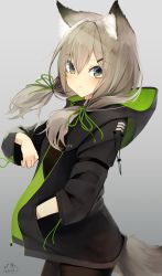 Rule 34 | 1girl, animal ear fluff, animal ears, black jacket, black pantyhose, black shirt, blush, brown hair, commentary request, dated, green eyes, green ribbon, hair between eyes, hair ornament, hair ribbon, hairclip, hand in pocket, highres, hood, hood down, hooded jacket, jacket, long hair, long sleeves, looking at viewer, low twintails, mayogii, open clothes, open jacket, original, pantyhose, ribbon, romaji commentary, shirt, signature, solo, tail, twintails