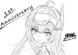 Rule 34 | 1girl, aged down, ahoge, anniversary, blush, bow, bowtie, closed mouth, goddess of victory: nikke, greyscale, highres, hormone nikke, long hair, looking at viewer, monochrome, smile, snow white (nikke), solo, twitter username, visor (armor)