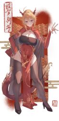 Rule 34 | 1girl, absurdres, ahoge, angelica rapha redgrave, black footwear, breasts, brown thighhighs, china dress, chinese clothes, cleavage, commentary request, commission, covered navel, dragon girl, dragon horns, dress, drone (drone 37), full body, hair bun, hand on own hip, high heels, highleg, highleg panties, highres, horns, jewelry, large breasts, long sleeves, looking at viewer, necklace, orange hair, otome game sekai wa mob ni kibishii sekai desu, panties, parted lips, pelvic curtain, pixiv commission, red dress, red eyes, red nails, single hair bun, smile, solo, standing, thighhighs, underwear, variant set