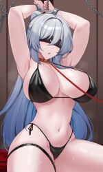 Rule 34 | 1girl, absurdres, armpits, arms up, bare arms, bdsm, bikini, black bikini, blindfold, bondage, bound, breasts, chain, choker, cleavage, commentary, cuffs, grey hair, highres, honkai: star rail, honkai (series), jingliu (honkai: star rail), kanta (kanta 077), large breasts, leash, navel, open mouth, red choker, shackles, solo, stomach, swimsuit, thigh strap, thighs
