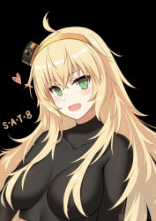 Rule 34 | 1girl, absurdres, ahoge, black background, blonde hair, blush, breasts, character name, collarbone, girls&#039; frontline, green eyes, heart, heart print, highres, jiafei2o3, large breasts, long hair, looking at viewer, messy hair, open mouth, s.a.t.8 (girls&#039; frontline), smile, solo