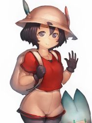 Rule 34 | 10s, 1girl, backpack, bag, black eyes, black hair, breasts, fumio (rsqkr), gloves, hat, kaban (kemono friends), kemono friends, light smile, looking at viewer, pantyhose, short hair, shorts, simple background, small breasts