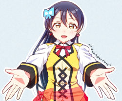 Rule 34 | 1girl, blue hair, blush, butterfly hair ornament, commentary request, earrings, hair between eyes, hair ornament, jewelry, long hair, looking at viewer, love live!, love live! school idol project, love live! the school idol movie, open mouth, simple background, skull573, smile, solo, sonoda umi, sunny day song, yellow eyes