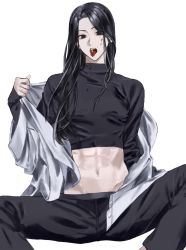Rule 34 | 1boy, abs, bad id, bad twitter id, black eyes, black hair, black pants, black shirt, blood, blood on face, chokeke 005, feet out of frame, highres, hunter x hunter, illumi zoldyck, invisible chair, jacket, long hair, long sleeves, looking at viewer, midriff, nail, navel, open mouth, pants, piercing, round teeth, shirt, simple background, sitting, sleeves past wrists, solo, spread legs, straight hair, teeth, toned, toned male, tongue, tongue out, tongue piercing, turtleneck, undressing, white background, white jacket