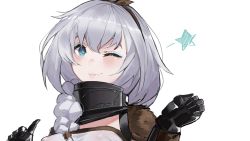 Rule 34 | 1girl, black gloves, blue eyes, bow, braid, brown bow, brown hairband, closed mouth, gloves, gorget, grey hair, hair bow, hair over shoulder, hairband, highres, looking at viewer, one eye closed, onean (pandea work), pandea work, pink lips, simple background, smile, solo, star (symbol), the elder scrolls, the elder scrolls v: skyrim, upper body, white background