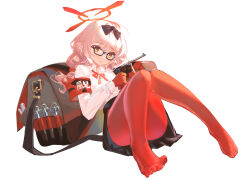 Rule 34 | 1girl, absurdres, armband, bag, black-framed eyewear, black skirt, blue archive, blush, chinatsu (blue archive), closed mouth, collared shirt, glasses, gloves, gun, highres, holding, holding gun, holding weapon, light brown hair, long hair, long sleeves, looking at viewer, meinoss, neck ribbon, pantyhose, pleated skirt, pointy ears, red armband, red gloves, red pantyhose, red ribbon, ribbon, shirt, simple background, skirt, solo, weapon, white background, white shirt, yellow eyes