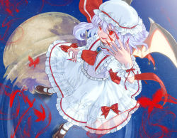 Rule 34 | 1girl, bad id, bad pixiv id, bat wings, fang, female focus, fingernails, from above, full moon, hat, light purple hair, long fingernails, mary janes, moon, nail polish, nazuki nazu, open mouth, red eyes, red nails, reflection, remilia scarlet, ribbon, shoes, solo, touhou, water, wings, wrist cuffs
