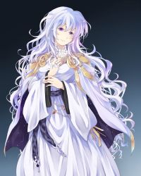 Rule 34 | 1girl, artist request, blush, cape, circlet, deirdre (fire emblem), dress, fire emblem, fire emblem: genealogy of the holy war, fire emblem heroes, highres, light purple hair, long hair, looking at viewer, nintendo, purple eyes, purple hair, simple background, smile, solo