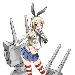 Rule 34 | 10s, 1girl, blonde hair, blush, elbow gloves, gloves, kantai collection, long hair, looking at viewer, navel, shimakaze (kancolle), simple background, skirt, solo, striped clothes, striped thighhighs, thighhighs, white background, zaxwu