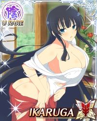 Rule 34 | 1girl, armpits, ass, ass focus, bend, black hair, blue eyes, breasts, butt crack, cleavage, flower, highres, huge ass, huge breasts, ikaruga (senran kagura), japanese clothes, long hair, looking at viewer, miko, open mouth, senran kagura, sideboob, sweat, thick thighs, thighs, torn clothes, undressing