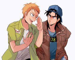 Rule 34 | 2boys, backwards hat, baseball cap, black eyes, black hair, blonde hair, blue headwear, brown jacket, closed mouth, commentary request, green shirt, hat, inudori, itou kaiji, jacket, kaiji, long hair, long sleeves, looking at another, looking to the side, male focus, medium bangs, multiple boys, open clothes, open mouth, open shirt, sahara makoto, shirt, short bangs, short hair, short sleeves, simple background, smile, teeth, undershirt, upper body, upper teeth only, white background, white shirt