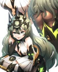 Rule 34 | 1girl, arm support, ass, asymmetrical gloves, bare shoulders, black dress, breasts, cleavage, cream bread, crown, dress, elbow gloves, gloves, green eyes, green hair, hand on own cheek, hand on own face, highres, honkai (series), honkai impact 3rd, long hair, looking at viewer, medium breasts, mismatched gloves, mobius (honkai impact), multiple views, simple background, single sleeve, smile, tongue, tongue out, white background, white sleeves
