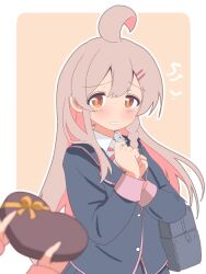 Rule 34 | 1girl, 1other, ahoge, bag, black jacket, blush, border, box, braid, brown eyes, colored inner hair, commentary, genderswap, genderswap (mtf), hair between eyes, hair ornament, hairclip, hands on own chest, heart-shaped box, highres, jacket, long hair, long sleeves, looking at viewer, multicolored hair, onii-chan wa oshimai!, orange background, out of frame, outline, outside border, oyama mahiro, parted lips, pink hair, school bag, shirt, side braid, simple background, single braid, solo focus, two-tone hair, unkimo, upper body, valentine, white border, white outline, white shirt, wing collar, worried