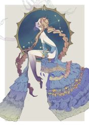 Rule 34 | 1girl, blue dress, braid, brown hair, closed mouth, constellation, detached sleeves, dress, from side, full body, high heels, highres, hoshi rousoku, long hair, looking up, original, personification, profile, scorpio (symbol), scorpio (zodiac), scorpius (constellation), sidelocks, sleeves past wrists, solo, sparkle, veil, very long hair, white background, zodiac