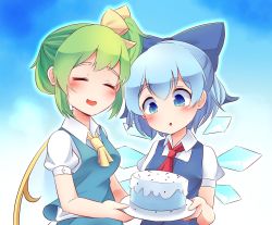 Rule 34 | 2girls, blue eyes, blue hair, blush, bow, cake, cirno, closed eyes, daiyousei, embodiment of scarlet devil, farrel kb, food, green hair, hair bow, highres, multiple girls, necktie, open mouth, smile, touhou, wings