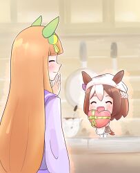 Rule 34 | 2girls, animal ears, apron, blunt bangs, blush, bow, bowl, box, brown hair, chibi, chocolate, chocolate on face, chokueji, closed eyes, covering mouth, ear bow, ear covers, food, food on face, frying pan, hair ornament, hand over own mouth, heart-shaped box, highres, holding, holding chocolate, holding food, horse ears, horse girl, horse tail, long hair, long sleeves, maid, maid apron, multicolored hair, multiple girls, orange hair, purple bow, purple shirt, shirt, short hair, silence suzuka (umamusume), smile, special week (umamusume), tail, umamusume, valentine, white hair, yuri