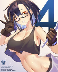 Rule 34 | 1girl, ;d, armpits, bare arms, bare shoulders, black gloves, black hair, black shirt, breasts, character request, cleavage, collarbone, crop top, crop top overhang, gloves, green eyes, grin, halterneck, hands up, highres, holding, large breasts, looking at viewer, midriff, navel, official art, one eye closed, open mouth, ore wa hoshi ma kokka no akutoku ryoshu!, revealing clothes, shirt, short hair, sleeveless, sleeveless shirt, smile, solo, stomach, strap gap, sweat, takamine nadare, underboob, upper body, wrench