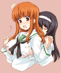 Rule 34 | 2girls, ^^^, black hair, black neckerchief, blouse, blunt bangs, blush, grabbing another&#039;s breast, breasts, clenched hands, closed eyes, commentary, cropped torso, embarrassed, female pervert, flying sweatdrops, frown, girls und panzer, grabbing, grabbing from behind, hagiya masakage, hairband, large breasts, long hair, long sleeves, multiple girls, neckerchief, ooarai school uniform, open mouth, orange eyes, orange hair, pervert, reizei mako, school uniform, serafuku, shirt, simple background, standing, sweatdrop, takebe saori, translated, w arms, white hairband, white shirt, yuri