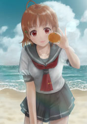 Rule 34 | 1girl, absurdres, artist name, artist request, beach, blue sky, blush, bow, braid, breasts, cloud, collarbone, day, detached sleeves, female focus, food, fruit, grey sailor collar, grey skirt, hair ornament, hairclip, highres, holding, holding food, holding orange, long sleeves, looking at viewer, love live!, love live! sunshine!!, miniskirt, ocean, orange (fruit), orange hair, outdoors, parted lips, plaid, plaid skirt, pleated, pleated skirt, red eyes, red neckwear, ribbon, sailor collar, school uniform, shirt, short hair, short sleeves, side braid, single braid, skirt, sky, small breasts, smile, solo, takami chika, tie clip, uranohoshi school uniform, white shirt