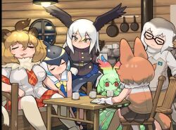 Rule 34 | 6+girls, :3, animal ears, bald eagle (kemono friends), bare shoulders, bird girl, bird tail, bird wings, black hair, black pantyhose, black shirt, blonde hair, blowhole, blue dress, blue hair, blue skirt, blush, bow, bowtie, brown hair, brown shirt, brown skirt, brown thighhighs, capri pants, cellval, cetacean tail, closed eyes, colored skin, common dolphin (kemono friends), cup, desk, dhole (kemono friends), dog ears, dog girl, dog tail, dolphin girl, dorsal fin, dress, extra ears, fins, fish tail, fur collar, glasses, gloves, green hair, green skin, green skirt, grey hair, grey sweater, hair between eyes, head wings, high-waist skirt, high collar, japari symbol, kemono friends, light brown hair, lion (kemono friends), lion ears, lion girl, lion tail, long hair, long sleeves, meerkat (kemono friends), meerkat ears, meerkat tail, mug, multicolored hair, multiple girls, necktie, orange pants, pants, pantyhose, plaid, plaid necktie, plaid skirt, plaid trim, pleated skirt, print skirt, red eyes, red necktie, red skirt, rinx, sailor collar, saliva, serval print, shirt, short hair, short sleeves, sidelocks, sitting, skirt, sleeping, sleeveless, sweater, tail, thighhighs, two-tone hair, two-tone sweater, uniform, white fur, white gloves, white hair, white shirt, white thighhighs, wings, yellow bow, yellow bowtie, yellow eyes, zettai ryouiki