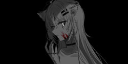 Rule 34 | 1girl, absurdres, animal ear fluff, animal ears, arknights, bad id, bad pixiv id, black background, blood, blood on face, chihuri, choker, collarbone, fingerless gloves, gloves, hair between eyes, hair ornament, hairclip, hand up, highres, lappland (arknights), long hair, monochrome, nail polish, parted lips, scar, scar across eye, scar on face, simple background, solo, spot color