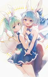 Rule 34 | 2girls, alternate costume, animal ears, backlighting, black pantyhose, blue bow, blue eyes, blue hair, blue leotard, blush, bow, cirno, closed mouth, daiyousei, detached collar, detached wings, fairy, fairy wings, fake animal ears, fake tail, green eyes, green hair, hair between eyes, hair bow, haruwaka 064, highres, ice, ice wings, leotard, long hair, multiple girls, open mouth, pantyhose, rabbit ears, rabbit tail, short hair, side ponytail, smile, strapless, strapless leotard, tail, touhou, wings