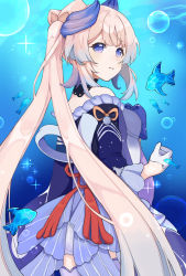 Rule 34 | 1girl, bare shoulders, blunt bangs, commentary request, detached sleeves, fish, from behind, genshin impact, gloves, gradient hair, hair ornament, highres, long hair, long sleeves, looking at viewer, looking back, low twintails, multicolored hair, nontraditional miko, ocean, parted lips, pink hair, purple eyes, sangonomiya kokomi, short shorts, shorts, sidelocks, thighhighs, twintails, two-tone hair, underwater, white gloves, wide sleeves, xishuu (user dvah3828), zettai ryouiki