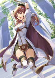 Rule 34 | 1girl, absurdres, architecture, armor, attack, black gloves, black shorts, black thighhighs, boots, breastplate, building, cape, celica (fire emblem), commission, dress, fingerless gloves, fire emblem, fire emblem echoes: shadows of valentia, gloves, highres, holding, holding sword, holding weapon, incoming attack, jumping, long hair, looking at viewer, mytea (soso), nintendo, open mouth, orange eyes, orange hair, outdoors, plant, short sleeves, shorts, skeb commission, solo, stairs, stone stairs, sword, thigh boots, thighhighs, tiara, v-shaped eyebrows, weapon, white cape, white dress, white footwear