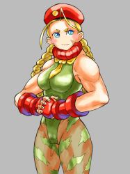 Rule 34 | 1girl, absurdres, biceps, blonde hair, blue eyes, bow, bowtie, braided pigtails, cammy white, capcom, gloves, hair ornament, hairclip, hat, highres, leotard, pantyhose, scar, street fighter, turtleneck