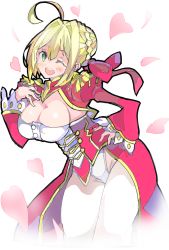 Rule 34 | 10s, 1girl, ;d, ahoge, blonde hair, braid, breasts, cleavage, dress, enpe, epaulettes, fate/extra, fate (series), french braid, gold trim, green eyes, hair between eyes, hair bun, hair intakes, hair ribbon, hand on own hip, highres, juliet sleeves, large breasts, long sleeves, nero claudius (fate), nero claudius (fate) (all), nero claudius (fate/extra), one eye closed, open mouth, petals, puffy sleeves, red dress, red ribbon, ribbon, round teeth, see-through, short hair, simple background, single hair bun, smile, solo, teeth, white background