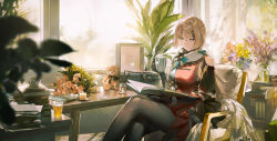 Rule 34 | 1girl, absurdres, black pantyhose, blonde hair, blue eyes, book, breasts, chair, chinese commentary, closed mouth, cup, dress, fern, flower, girls&#039; frontline, girls&#039; frontline 2: exilium, highres, holding, holding book, holding cup, indoors, jingmi, long hair, open book, pantyhose, red dress, smile, solo, stuffed animal, stuffed toy, table, teacup, teddy bear, ullrid (girls&#039; frontline 2), vase