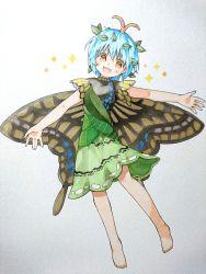 Rule 34 | 1girl, :d, absurdres, barefoot, blue hair, blush, butterfly wings, dress, eternity larva, full body, green dress, grey background, head tilt, highres, insect wings, leaf, leaf on head, looking at viewer, open mouth, orange eyes, outstretched arms, sasa kichi, short hair, short sleeves, smile, solo, sparkle, spread arms, standing, touhou, traditional media, wings