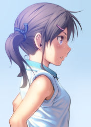 Rule 34 | 1girl, aoi sora (pairan), bare arms, bare shoulders, blue background, blush, breasts, brown eyes, brown hair, from side, hair ornament, hair ribbon, hairclip, long hair, looking away, original, pairan, profile, purple eyes, ribbon, simple background, small breasts, solo, sweat, twintails, upper body