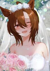 Rule 34 | 1girl, agnes tachyon (umamusume), ahoge, animal ears, armpit crease, bare shoulders, blue flower, blue rose, blurry, blurry background, blush, bouquet, breasts, bridal veil, brown hair, cleavage, collarbone, confetti, dress, elbow gloves, flower, gloves, hair between eyes, hair flower, hair ornament, horse ears, jewelry, lens flare, looking at viewer, nazuka (mikkamisaki), necklace, one eye closed, open mouth, outdoors, pink flower, pink rose, red eyes, rose, short hair, small breasts, smile, solo, strapless, strapless dress, umamusume, veil, wedding dress, white gloves