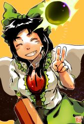 Rule 34 | 1girl, arm cannon, black hair, black sun, bow, breasts, cape, center frills, closed eyes, collared shirt, commentary, control rod, cowboy shot, dated, frilled shirt collar, frills, green bow, green skirt, grin, hair bow, highres, kokechankokko, large breasts, long hair, medium bangs, no wings, orange background, parted bangs, puffy short sleeves, puffy sleeves, reiuji utsuho, shirt, short sleeves, simple background, skirt, smile, solo, starry sky print, sun, symbol-only commentary, third eye, touhou, two-sided cape, two-sided fabric, v, weapon, white cape, white shirt