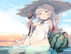 Rule 34 | 1girl, ankle ribbon, azur lane, bad id, bad tumblr id, barefoot, bee (deadflow), blue ribbon, blush, breasts, brown eyes, brown gloves, covered navel, day, food, fruit, gloves, grey hair, hat, head tilt, jacket, leg ribbon, leg tattoo, long hair, long sleeves, looking at viewer, mole, mole under eye, off shoulder, one-piece swimsuit, open clothes, open jacket, outdoors, parted lips, ribbon, small breasts, solo, straw hat, swimsuit, tattoo, very long hair, wading pool, water, watermelon, white one-piece swimsuit, z46 (azur lane)