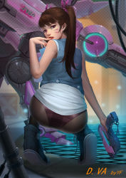 Rule 34 | 1girl, alternate costume, alternate hairstyle, arm at side, ass, back, bare shoulders, baschyf, brown hair, brown pantyhose, charm (object), d.va (overwatch), eyelashes, facepaint, facial mark, finger to mouth, fingernails, from behind, full body, gun, hair ribbon, hand up, handgun, highres, holding, holding gun, holding weapon, lips, lipstick, long fingernails, long hair, looking at viewer, looking back, makeup, mecha, meka (overwatch), nail polish, nose, overwatch, overwatch 1, panties, panties under pantyhose, pantyhose, parted lips, pistol, purple eyes, purple panties, red lips, red nails, ribbon, robot, shoes, sleeveless, sneakers, solo, squatting, tiptoes, trigger discipline, underwear, weapon, whisker markings
